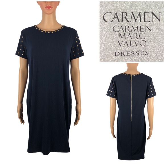 Carmen Marc Valvo Dresses & Skirts - Carmen Marc Valvo Womens Medium Blue Studded Short Sleeve Sheath Stretch NWT